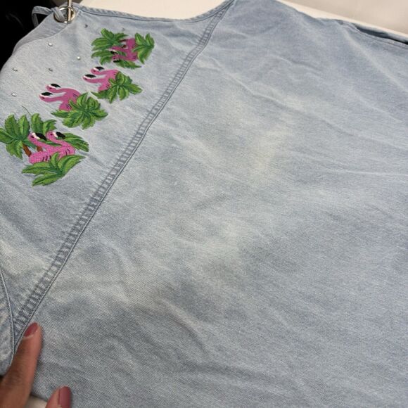 Vtg The Quacker Factory Denim Overall Dress 14 Flamingo Embroidered Midi Pockets - Picture 9 of 11